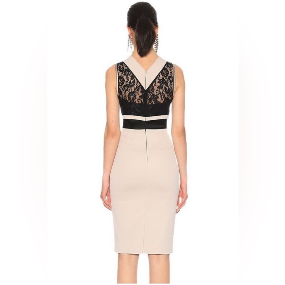 Karen Millen Sleeveless Beige Midi Dress with Black Lace Accents - Picture 2 of 4